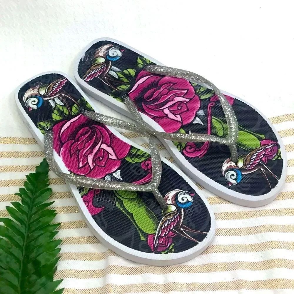 LA Ink Rose and Bird Flip Flops